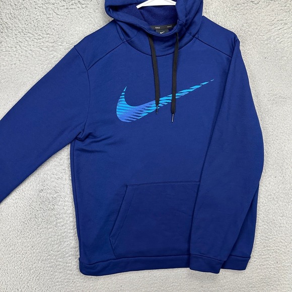 Nike Dri-Fit Mens Hoodie Sweatshirt Medium Blue Big Swoosh Pullover Drawstring